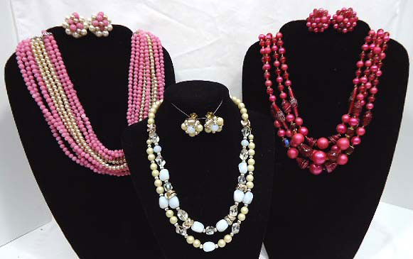 3 Lovely Beaded Necklace Sets: 2 strand 17" necklace with moonstone, clear glass beads and faux pearls with matching earrings, 14 strand fabulous fushia lampwork bead and faux pearl necklace with matching earrings and a 12 strand 1