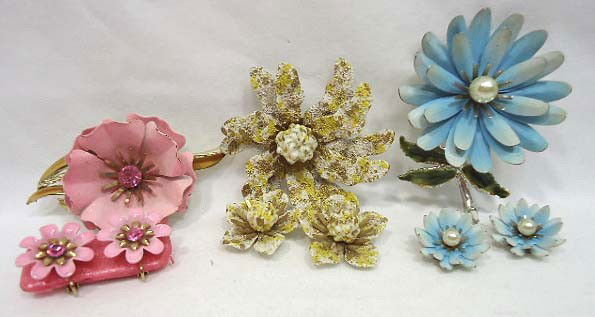 3 Coro Floral Pin and Earring Sets: 3 Vintage Coro flower pin and matching earring sets