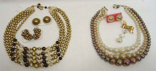 Necklace and Earring Set: 5 strand 18" beaded necklace with gold, AB & brown lucite beads and matching earrings sgnd. Japan and a 3 strand 16" choker with AB, faux pearls with earrings and a pin