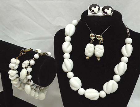 Heavy Chunky White Milk Glass Lot: Lot of heavy chunky molded white mmilk glass inc. 12" choker with 6" ext, two 7" bracelets, a pr. Of earrings and Just For Fun--a pr of Mickey Mouse earrings