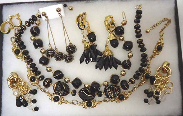 Fabulous Black & Gold Lot: Inc. 3 pr of duster earrings, 3" to 4" long and a 14 1/2, 15", and 17" chokers al with 3" ext.