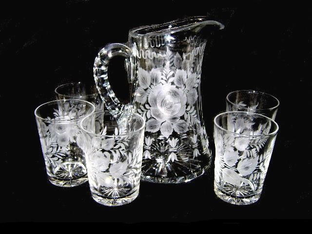 Brilliant Cut Glass Intaglio Pattern Water Set: Pitcher and five water glasses, Condition very good. Pitcher h. 8 1/4" Tumbler h. 3 3/4"