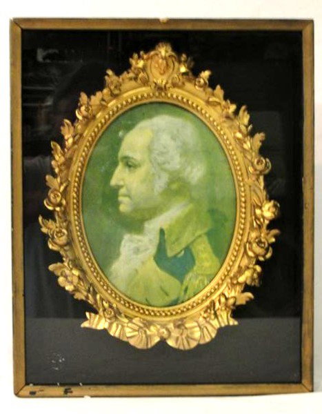 Washington Print In Victorian Gilted Oval Frame: Appearing to be a younger General George Washington. Mounted in shadow box frame. Ca.1880's. Condition overall good. H. 14 1/2'' W. 12'' D.2''