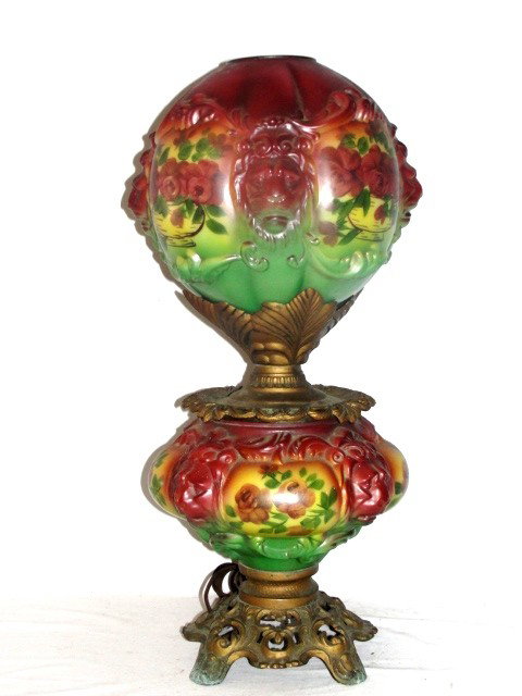 Banquet Lamp With Blown Out Lion Head Face's: Condition electrified, chips on top ball rim, cannot see ring covers them. See photos.