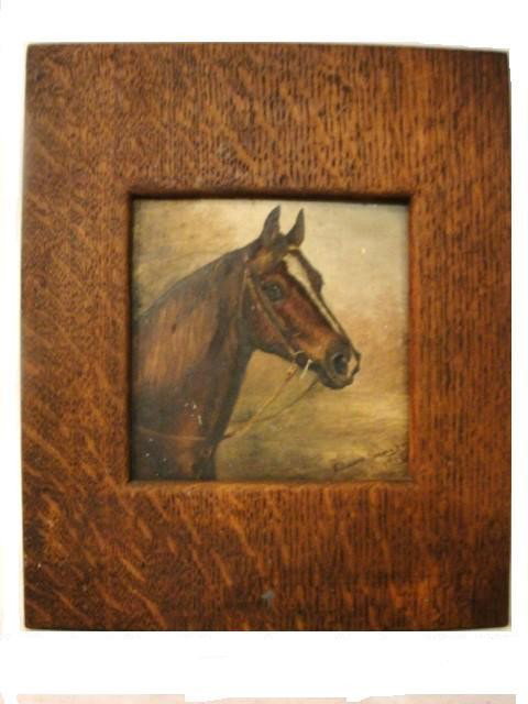 Essie Leone Seavey (American, 1872-1932) : portrait horse on board King Charles. Painted for Wm. Mc Laughlin, frame made by Mr. McLaughlin. Signed E. Leone Seavey June 1906 original 1/4 sawn oak frame. Attached paper from owner reads Essie Leo