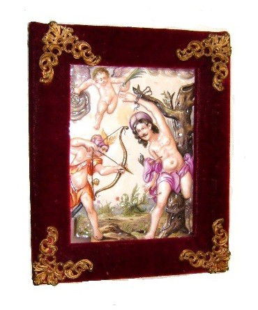 Capodimonte Plaque In Victorian Frame: wrapped in red velvet. Depicting Cherubs fighting with male figure. H. 15'' W. 12''