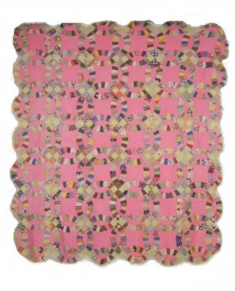 Early Double Wedding Ring Quilt: With scalloped border. Condition overall good. 81''x 72''