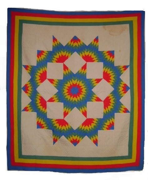 Broken Lone Star Hand Made Quilt: Condition staining in one corner. h. 81 w. 70