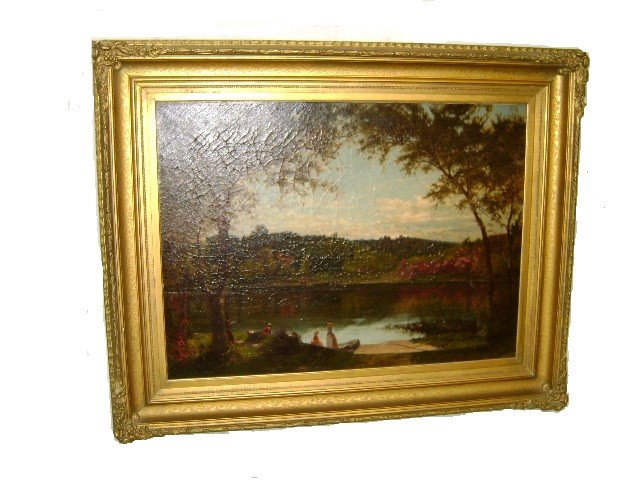 American Late 19th C. Landscape Oil Painting: of four figures appearing to be on a picnic in a remote area by a river bank. '' In the style of Hudson River School. Indistinctly Signature in purple paint, in period gilt wood frame. Condition craqu