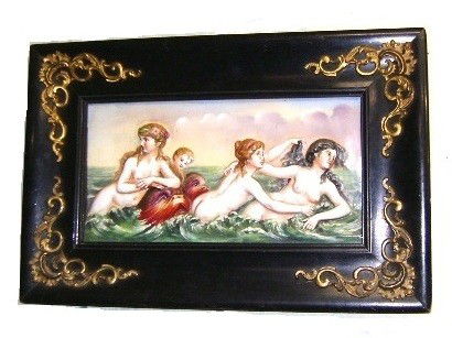 Capodimonte Plaque Nude Females Swimming: with Dolphins and young child. In relief with vivid colors, in ebonized Victorian frame. Condition very good. frame 11" tall 17" w