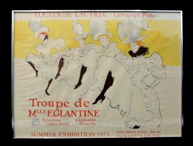 Henri de Toulouse-Lautrec 1864-1901 Poster: La Troupe de Mademoiselle Eglantine 1896, Colour Lithograph Poster. Troupe de Mlle eglantine, summer Exhibition 1973. '' Solomon & Co. , fine art. 959 Madison Ave. NYC. Framed under glass. Condition o