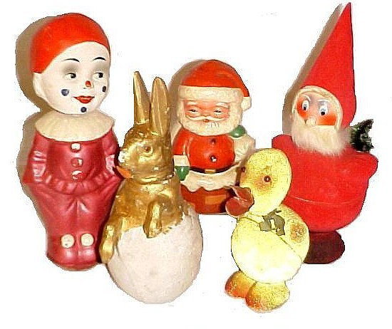 Group Of Character Candy Containers & Nodders.: consisting of clown nodder, Santa bank nodder both unmarked. Santa nodder candy container, rabbit and duck candy container all marked Germany. Santa Candy container has loss to nose and back of hat. P