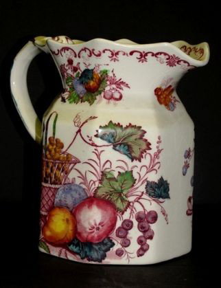 Mason Ironstone Fenton Jug '' Fruit Basket '': Fenton jug 3/4 pint with hexagonal body and with an iridescent sheen. Back stamp: Masons's Patent Ironstone China Fruit Basket England Guaranteed Detergent Proof & Acid Resisting Colors. Ca. 1940-50. 