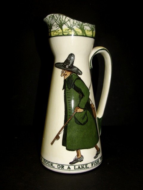 Royal Doulton Isaac Waltonware Cream Jug: of slender conical form, flared base, transfer decorated with 17th gentleman angler's within a running border of verse and tree lined landscape ,base with poem "Where In a Brook With A Hook, Or A Lake