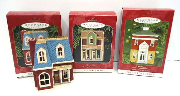 3pc Hallmark Keepsake Ornaments: House on Holly Lane Dated 1999, Grocery Store 1998, Schoolhouse 2000