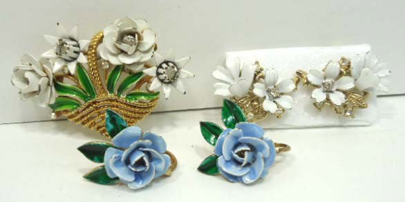 Vintage Trifari Enameled Pin & Earrings: 2" Pin w/ Matching Earrings & Enameled Earrings