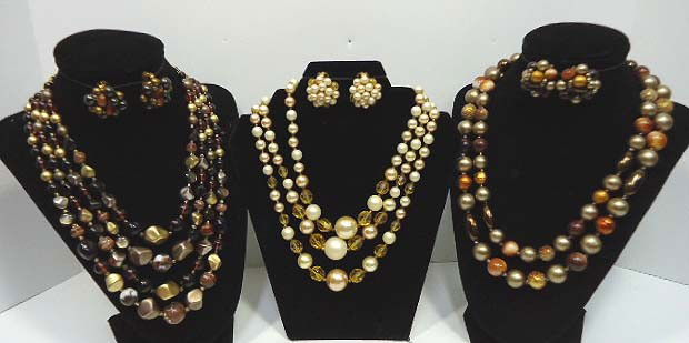 3 Autumn Beaded Necklace Sets: 4 Strand 16" Art Glass Lucite Stone Set, 3 Strand 16" Faux Pearl & Faceted Set & 2 Strand Ornate Clasp 20" Set