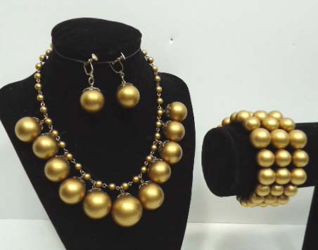 Vintage Matte Gold Choker Set 3pc: 15" Graduated Bead Choker w/ 3 Tier Coil Bracelet & Drop Earrings