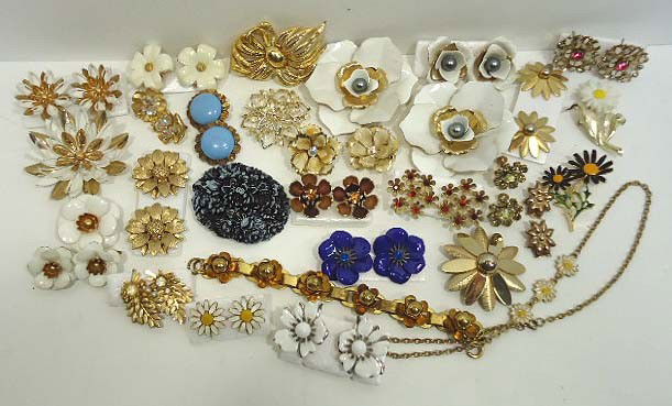 Vintage Designer Signed Flower Lot: Enameled Floral Sets, Rhinestone, Gold-tone Signed by Coro, Crown Trifari, Sarah Cov., Monet & Gerry's