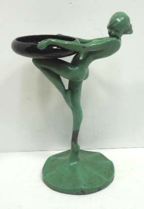 Frankart Figural Tray w/ Black Glass Dish: Marked 1922, 9 1/2"T