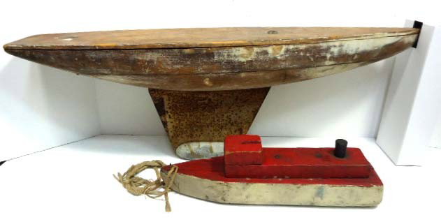 Wood Toy Sailboat & Tug Boat: 23 1/2" & 12"- 2 Pcs.