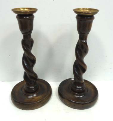 Pr. Oak barley twist candlesticks: 9 1/2"