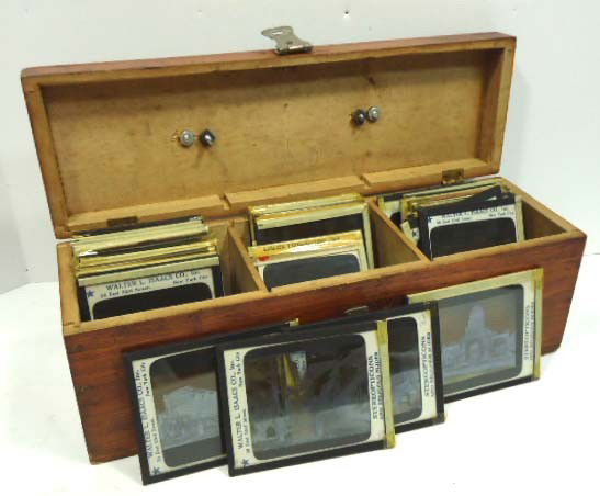 Cased lot 39 Glass Magic Lantern Slides: 13" X 5" X 4"
