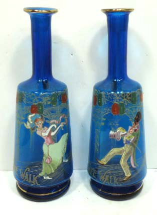 Pr. Blue Enameled "Cake Walk" Bottles: 11 1/2"