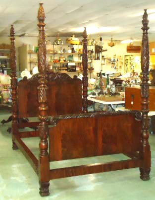 Early Empire 4 Poster Bed: Acanthus Carved Posts and Large Paw Feet, 90" T x 90" L x 60" W