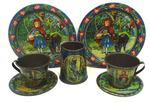 7pc Tin 1920's Childs Tea Set: Little Red Riding Hood, Ohio Art, 4 1/4" Plate