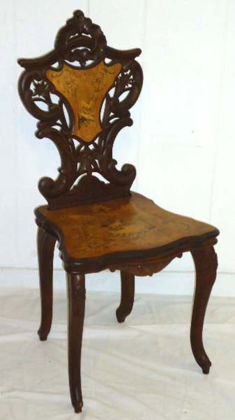Black Forest Chair Carved & Inlaid: 38" T x 18" W x 14 1/2"D