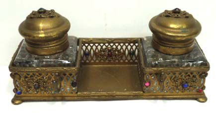 Jeweled Brass Dbl. Inkwell: 3 1/2" x 7 1/2"