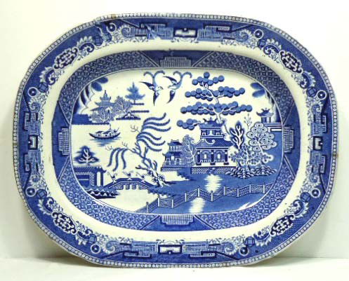 19th C. Blue Willow Turkey Platter: 18"
