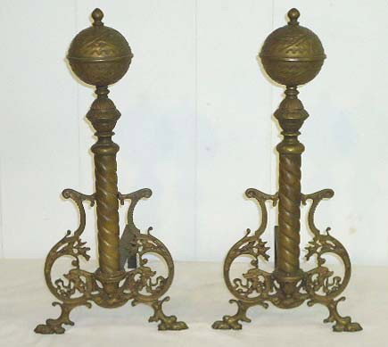 Pr. Ornate Brass Andirons: 21" x 16" x 10 1/2"