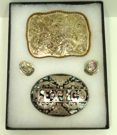 Vtg. Alpaca Mexico Silver Pltd. Belt Buckles, Earri: 3 1/2" Alpaca Mexico Inlaid Buckle, 4 1/4" Montana Silver Smith S.P. Buckle Abalone Earrings