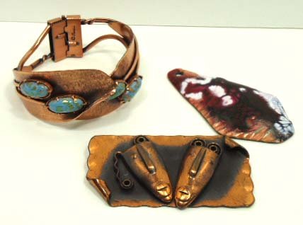 Fantastic Vtg. Renoir, Jules Perrier & Rebajes Cop: Inc. Renoir clamp Bracelet w/ Blue Matrix Cabs., Rebajes Brazilian Mask Brooch, Jules Perrier 2 1/2" Enameled Pendant