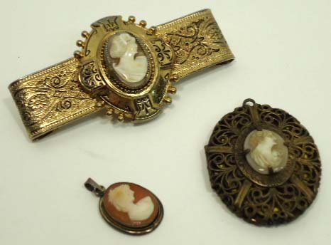 Antique Cameo Pin, Locket, & Pendant: Pin-2 3/4" x 1 1/2" Locket-1 3/4" Pendant-3/4"