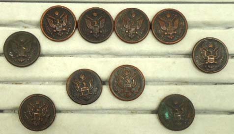 10 Antiq. Military Coat Buttons: WWI & II - Bronze & Brass 29mm 1st row-Art Metal Wrks ,Newark NJ.2nd row-Horstmann Phil. Scoville MGF. Co.,3rd row-D. Evans & Co. Attleboro Falls, 4th row-City Wrks NY. Amer. Button Co. Newark NJ,