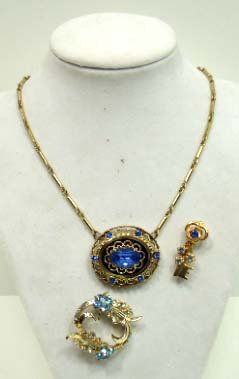 3 Pc. Vtg. Antiq. Blue Rhinestone Jewelry: 14" Pendant Choker, sgnd Coro,1 1/2" Brilliant Ice Blue/Clear Brooch Key Pin