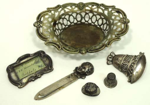6 Pc. Antiq. Sterling & Silver Metal Vtg. Lot: 1 3/4" Bell, Thimble, Bookmark, Charm, & souvenir Suitcase tag
