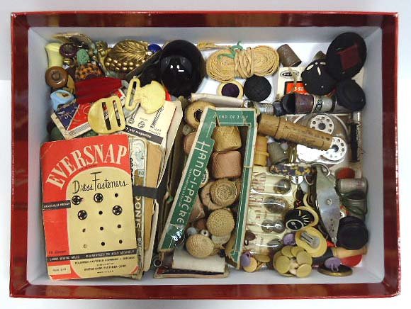 Vtg. Sewing Drawer Contents: Numerous thimbles, Thread covered Buttons, All the bits and pc's in the drawer.