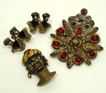 3pc Vtg Ethnic Jewelry: Inc. Pin Made in India, Pr Blackamoor Earrings, Blackamoor Pin