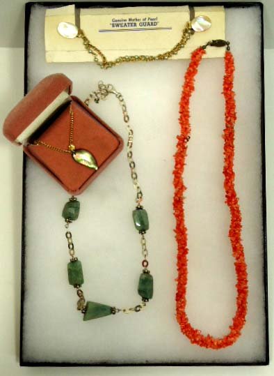 4 pc. Coral, MOP, & Hard Stone Vtg. Jewelry: 20" Coral, 18" Green Hard Stone, Black Lip M.O.P., & M.O.P. Sweater Clip