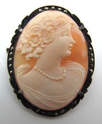 Vict. Coin Silver Shell Cameo Brooch: Mkd .800 2" x 1 1/4" w/ Marcasites Brooch/Pendant