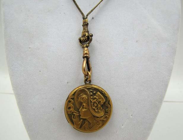 Art Nouveau Smoking Lady Locket Necklace: 22" Push Pin Chain w/ Decorative Toggle, 1 1/8" Locket w/ Lady Smoking a Cigarette Mkd S&BL Co.