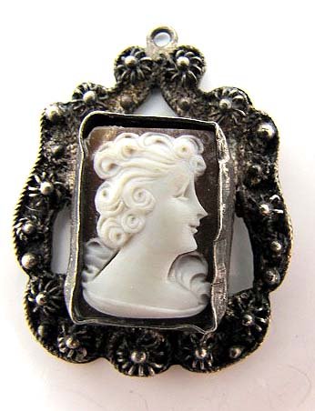 Vict. Square Silver Frame Cameo Pendant: 1 1/2" x 1 1/8" Carved Silver Framed Shell Cameo W/ Steel Bead Accents