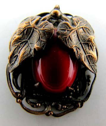 Vict. Copper Framed Red Glass Cab. Pin: 1 1/8" x 7/8" Silver Over Brass w/ Carved Translucent Green Glass Stone