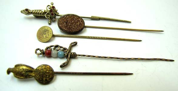 5 Vtg. Stick Pins: Goldstone, Beaded, Coin,J.I.Case, Threshing Machine