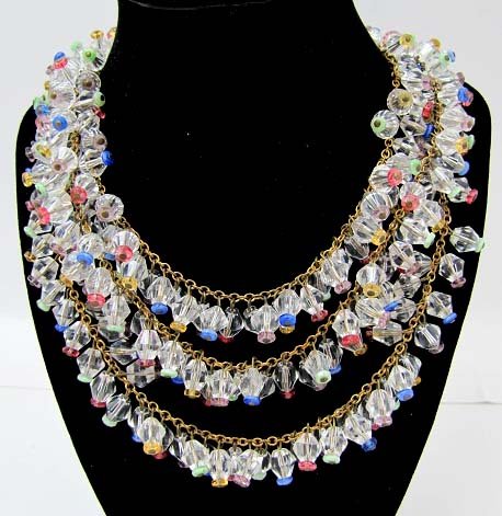 Fabulous! 3 String Heavy Crystal Cone Bead Necklace: 20"- 3 Strand, 9.2 oz., Clear Crystal Cone Beads w/ Multi Colored Glass Disk Caps on Brass Chain, Brass Clasp