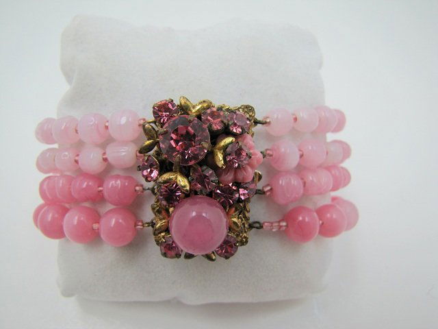 Antq. Miriam Haskell Pink Glass Bead, Rhinestone Bracel: 8" 2 Tone Pink Glass Bead, w/ 1 1/4 Ornate Brass, Pink Rhinestones